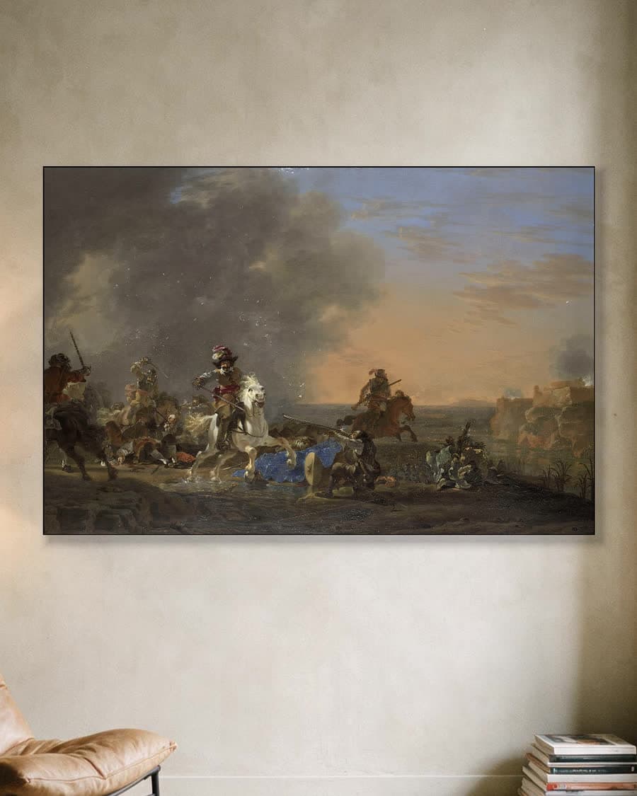 Ruitergevecht bij zonsondergang in een aluminium frame aan dezelfde muur