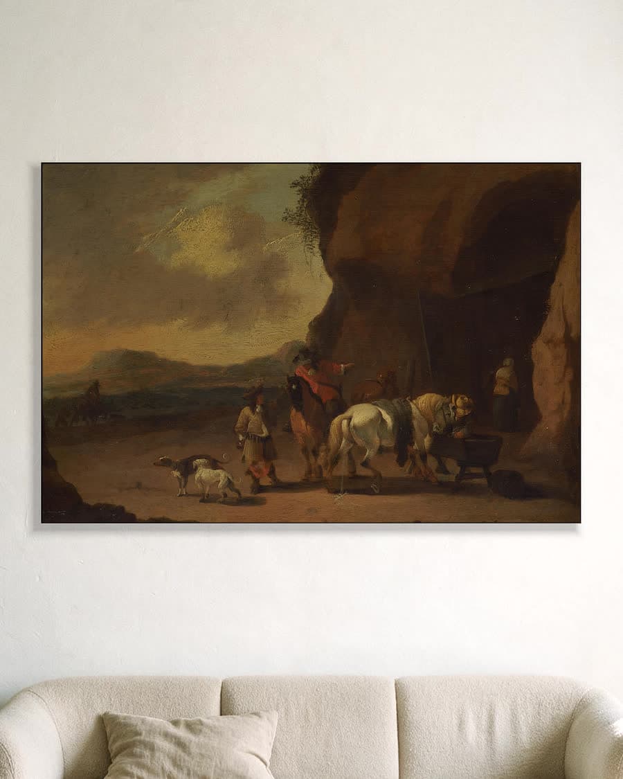 Ruiters pauzerend bij een bergpas in een aluminium frame aan dezelfde muur