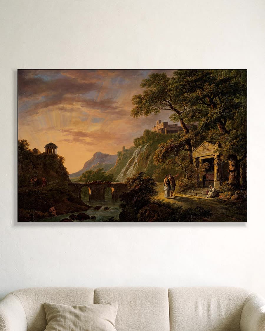 Arcadisch landschap met ondergaande zon in een aluminium frame aan dezelfde muur