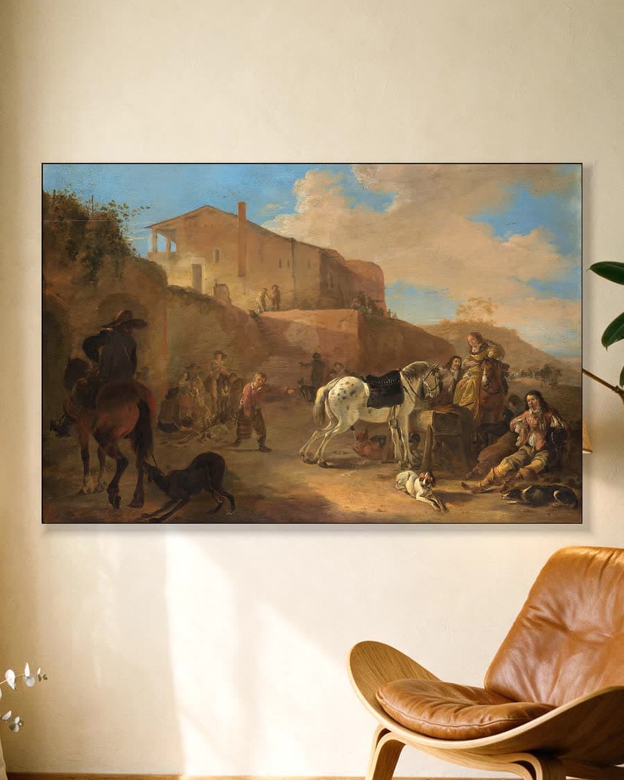Het jachtgezelschap in een aluminium frame aan dezelfde muur