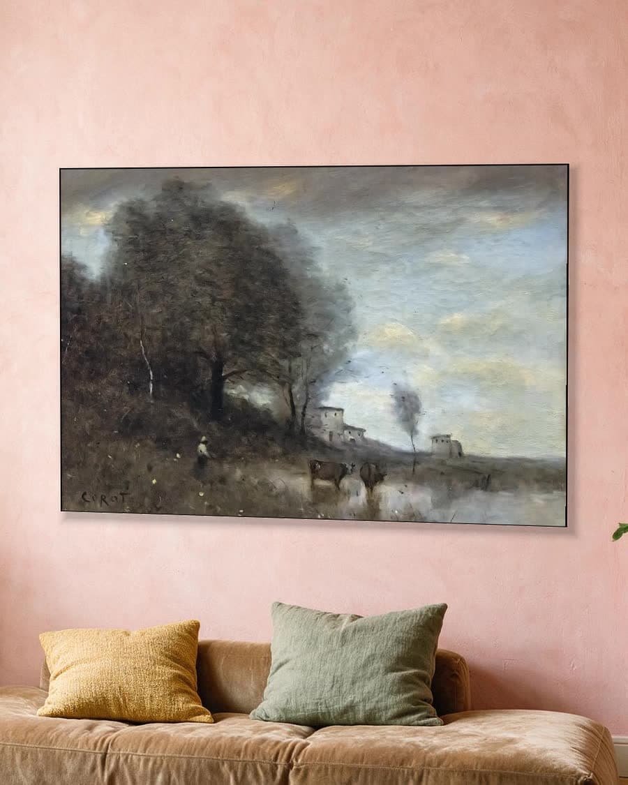 Rustiek landschap met vee in een aluminium frame aan dezelfde muur