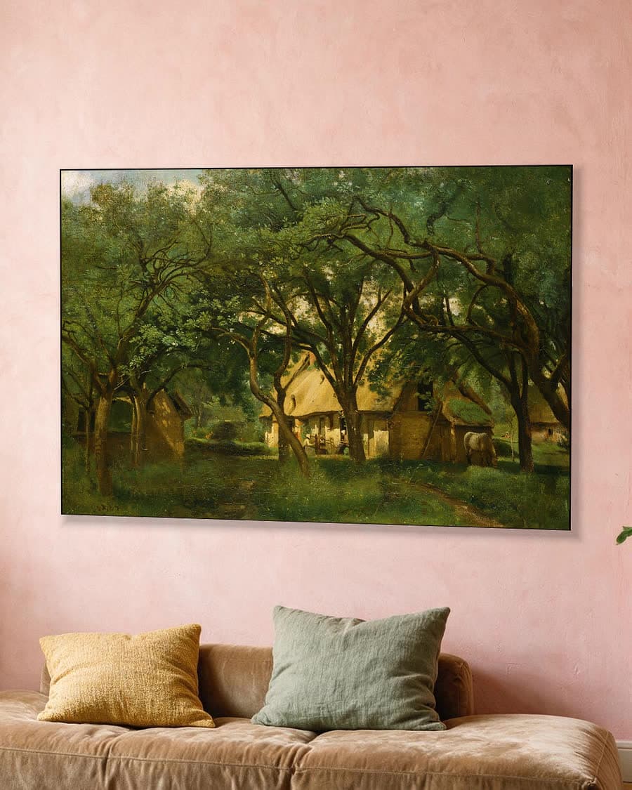 Landelijk tafereel onder de bomen in een aluminium frame aan dezelfde muur