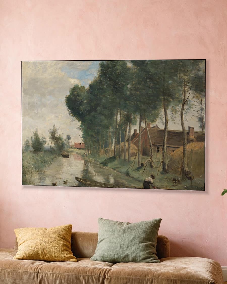 Dorpsgezicht aan het kanaal in een aluminium frame aan dezelfde muur