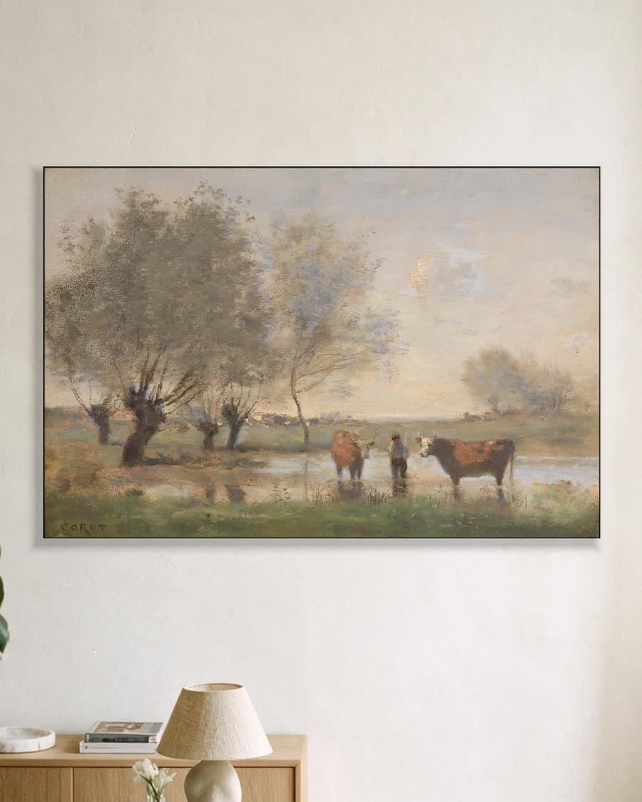 Rustig landschap met vee in een aluminium frame aan dezelfde muur
