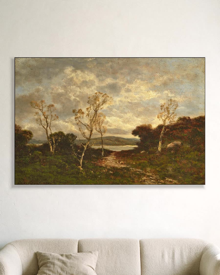Herfstlandschap met pad in een aluminium frame aan dezelfde muur