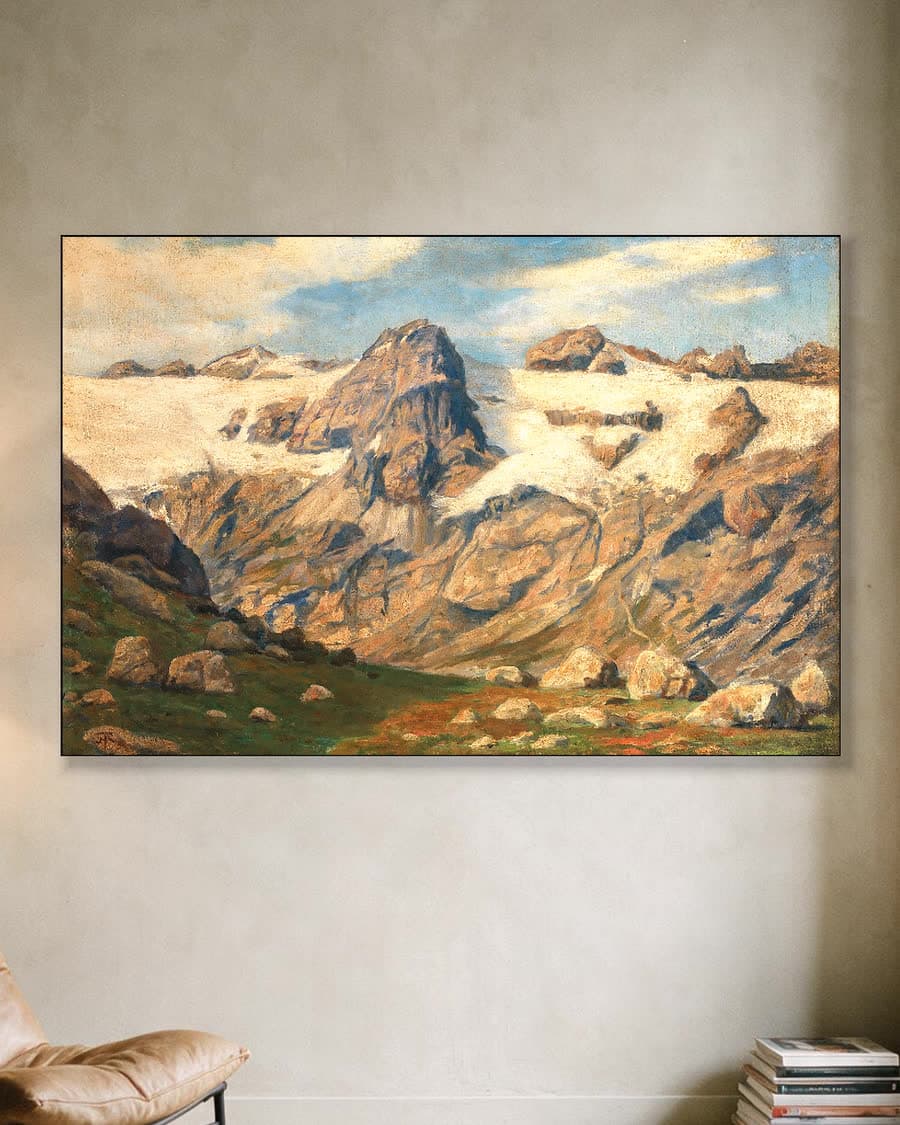 Besneeuwde bergtoppen in de Alpen in een aluminium frame aan dezelfde muur
