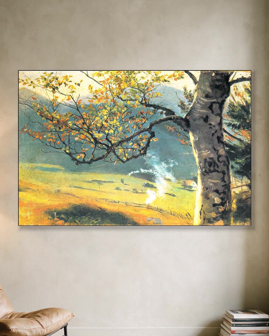 Herfstboom in de vallei in een aluminium frame aan dezelfde muur