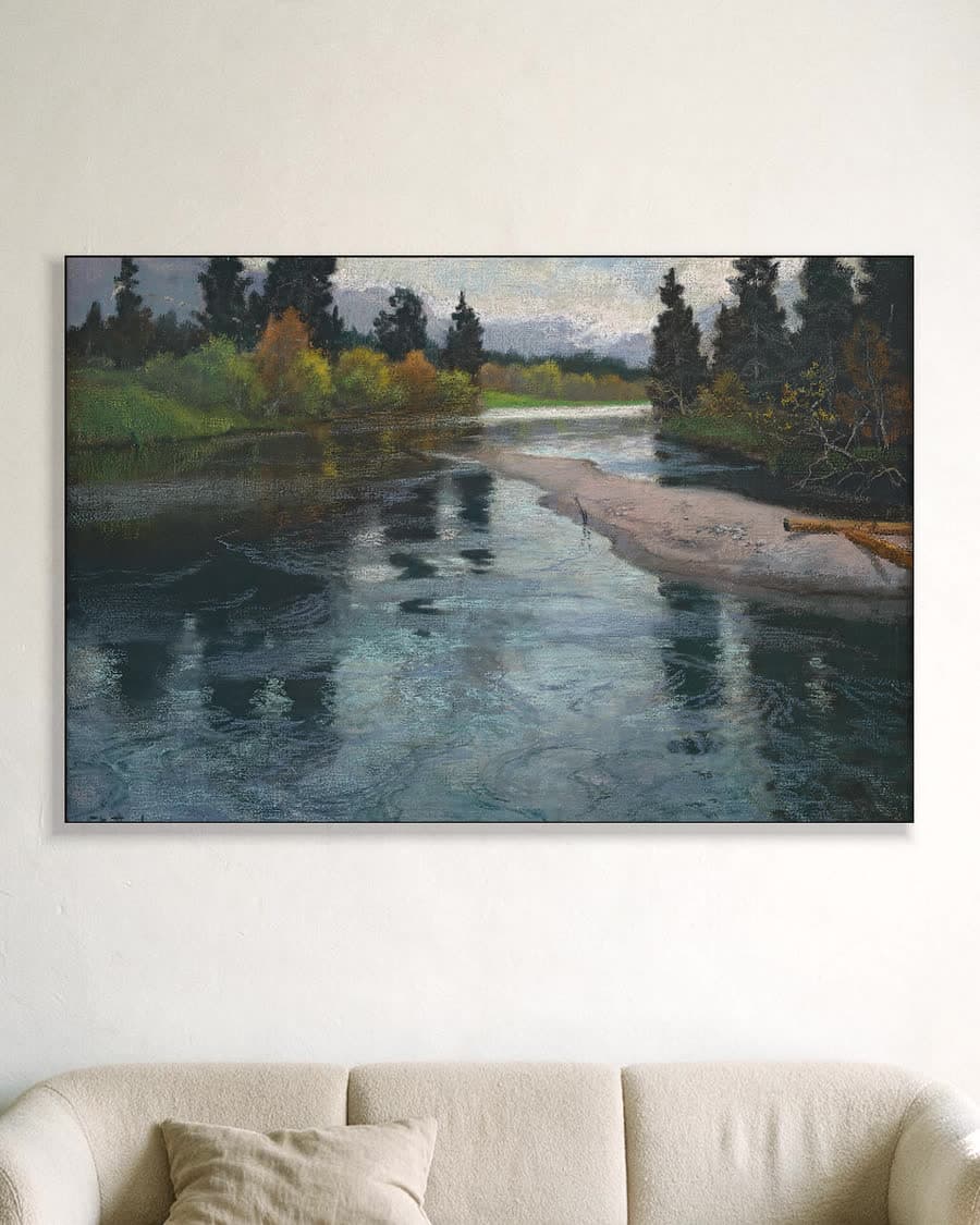 Rustige rivier in de herfst in een aluminium frame aan dezelfde muur