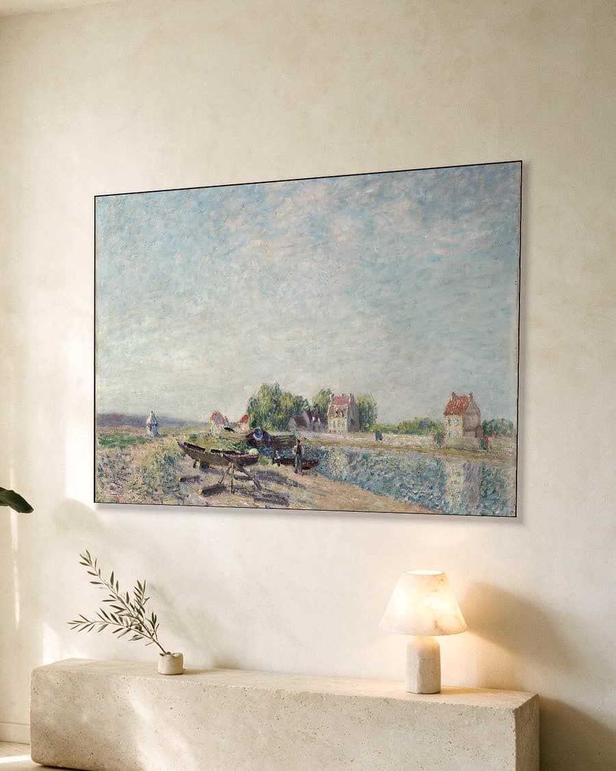 Saint-Mammès, het kanaal van de Loing in een aluminium frame aan dezelfde muur