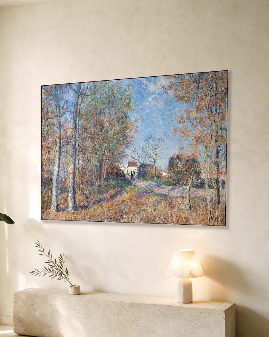 Een bospartij bij Les Sablons in een aluminium frame aan dezelfde muur
