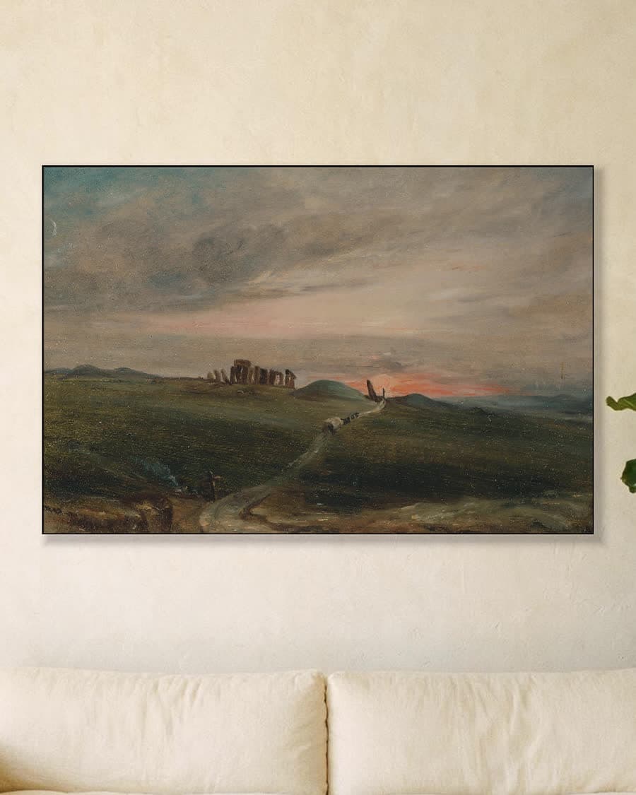 Stonehenge bij zonsondergang in een aluminium frame aan dezelfde muur