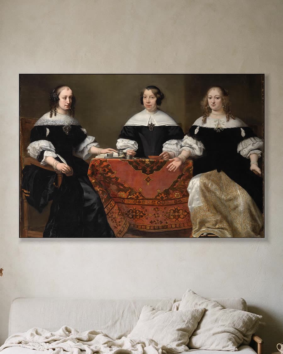 Drie regentessen van het Leprozenhuis te Amsterdam, 1668 in een aluminium frame aan dezelfde muur