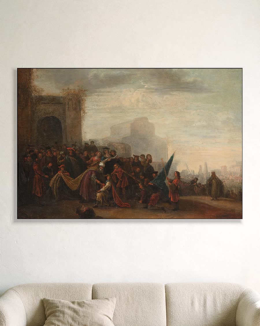 Saul begroet David als overwinnaar van Goliath in een aluminium frame aan dezelfde muur