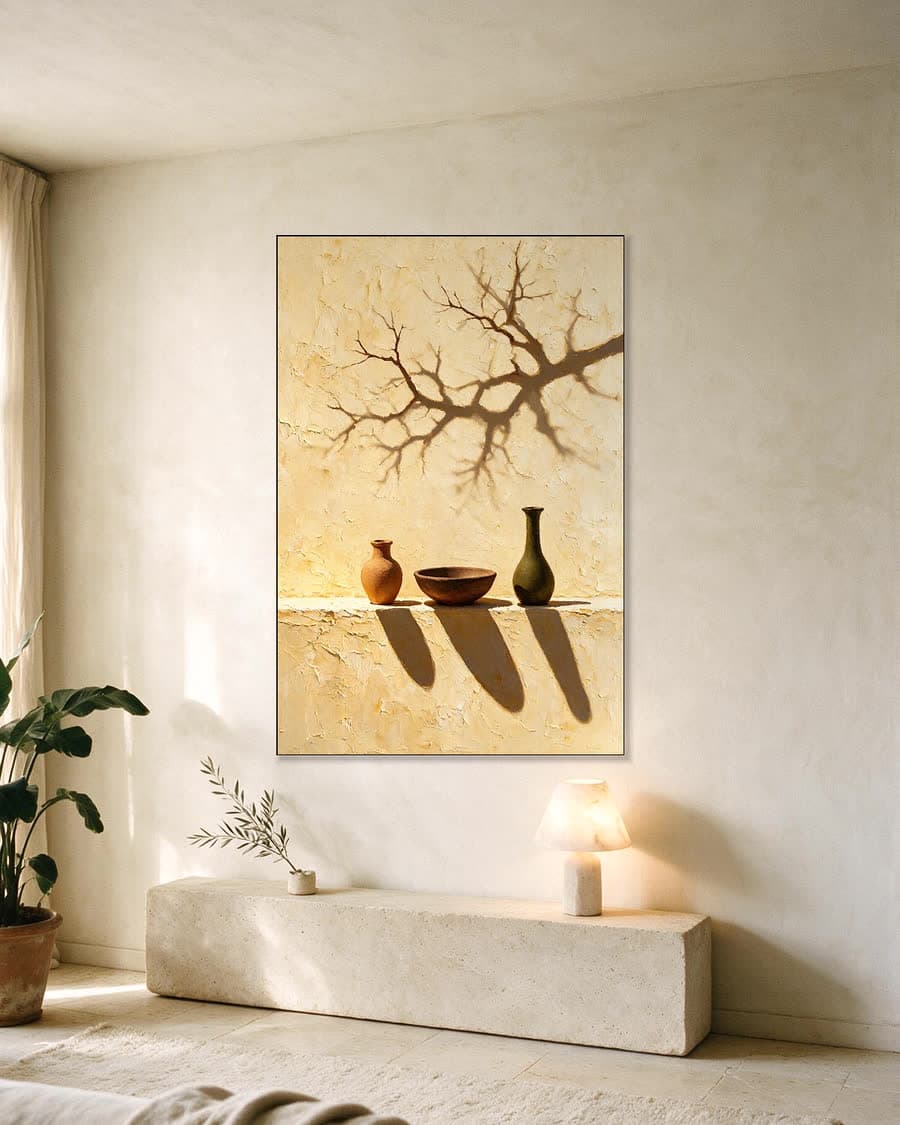 Schaduw van de tak in een aluminium frame aan dezelfde muur