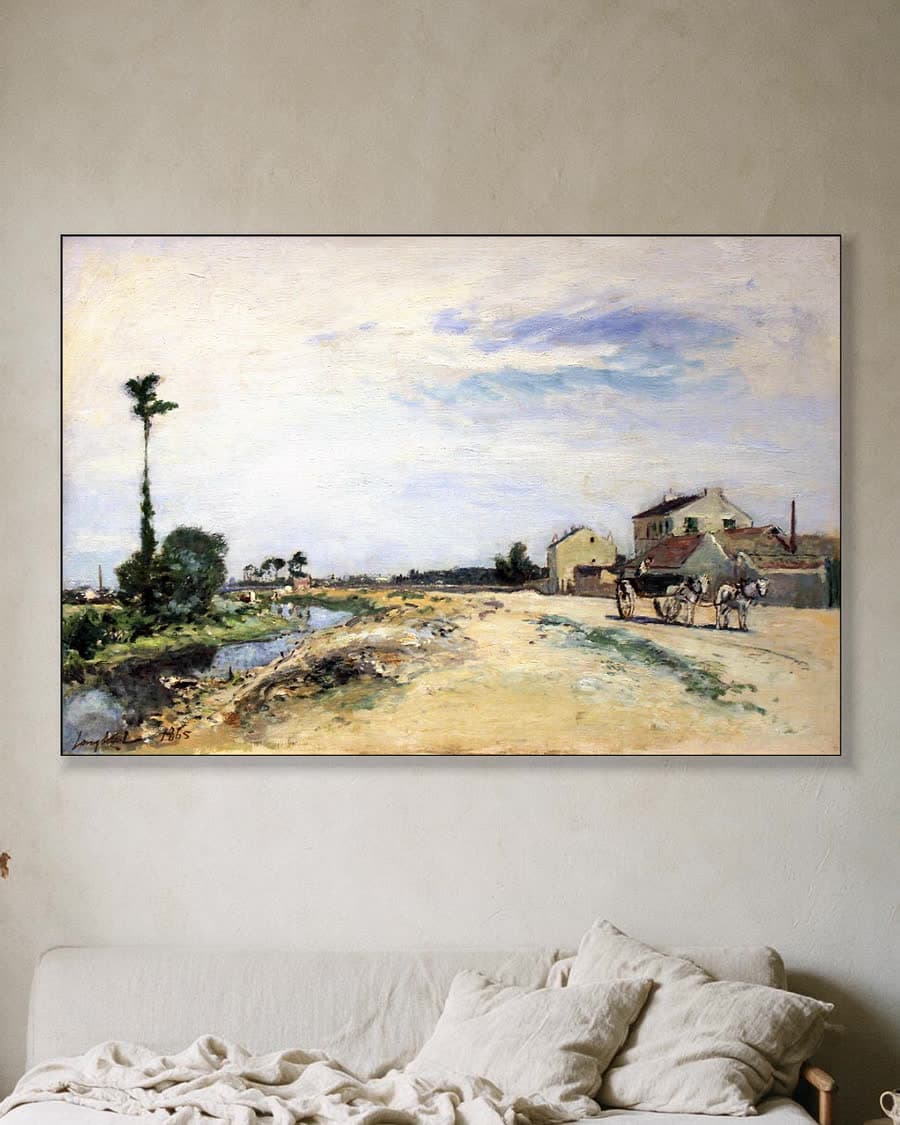 Landelijke weg met paard en wagen in een aluminium frame aan dezelfde muur