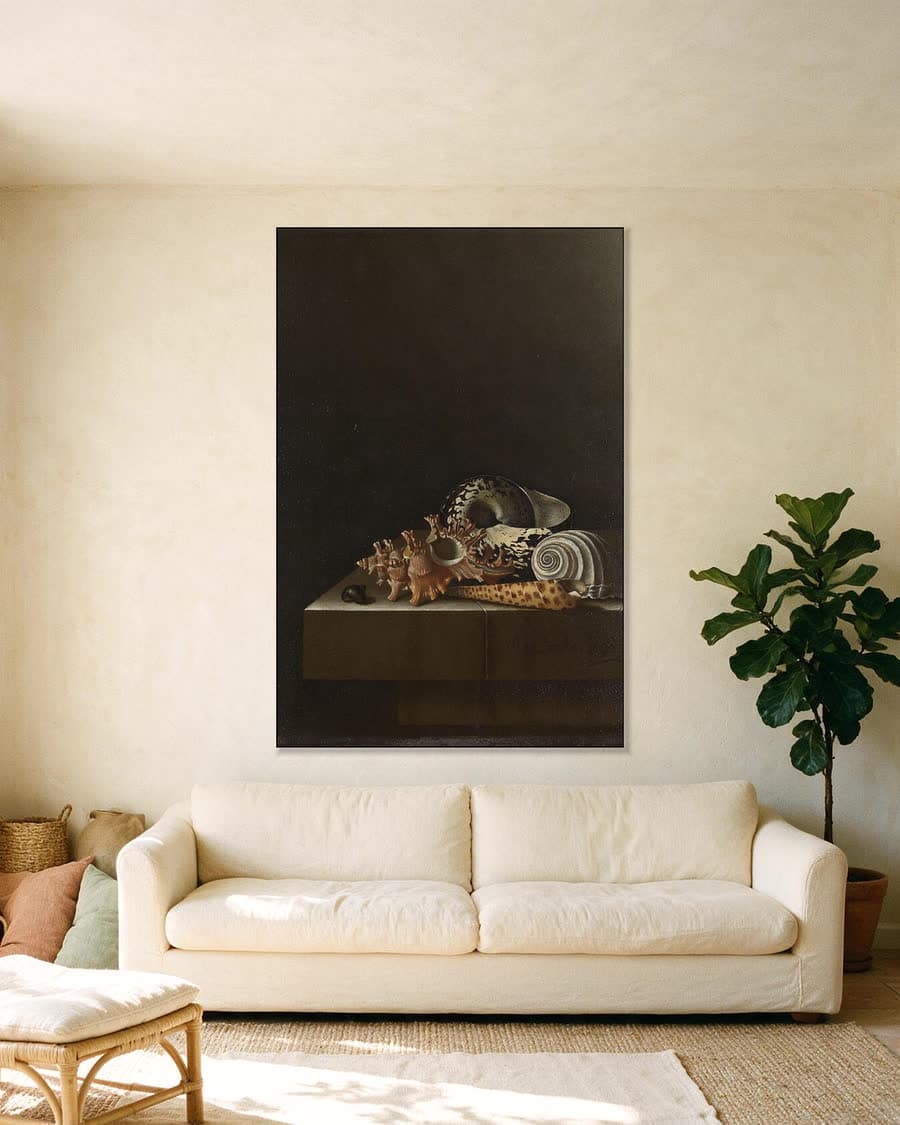 Schelpen op een stenen plint in een aluminium frame aan dezelfde muur