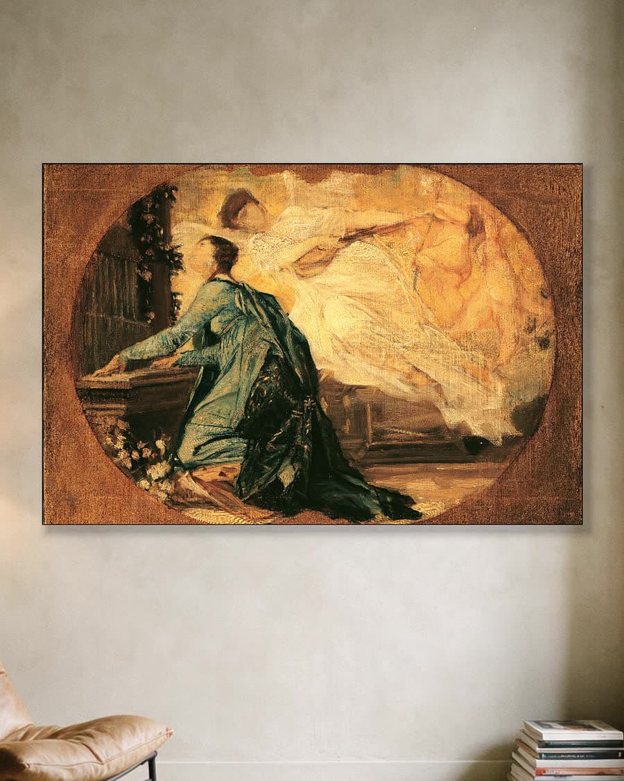 Allegorie van de heilige muziek in een aluminium frame aan dezelfde muur