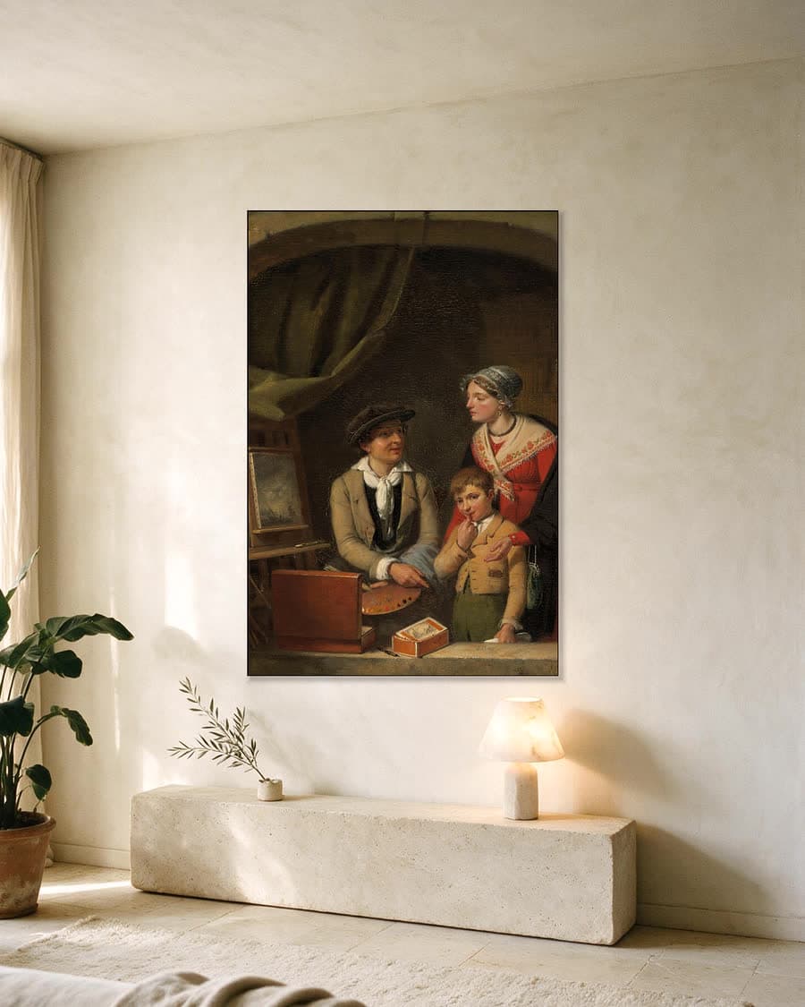 Schilder worden in een aluminium frame aan dezelfde muur