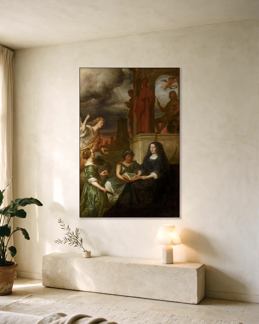 Allegorie op de nagedachtenis van stadhouder Frederik Hendrik, met portret van Amalia van Solms in een aluminium frame aan dezelfde muur