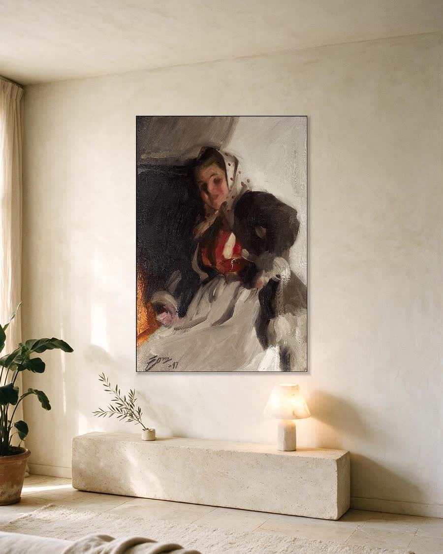 Bij de open haard in een aluminium frame aan dezelfde muur