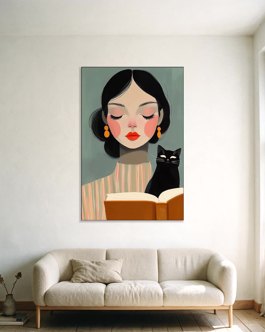 De lezeres en de kat in een aluminium frame aan dezelfde muur