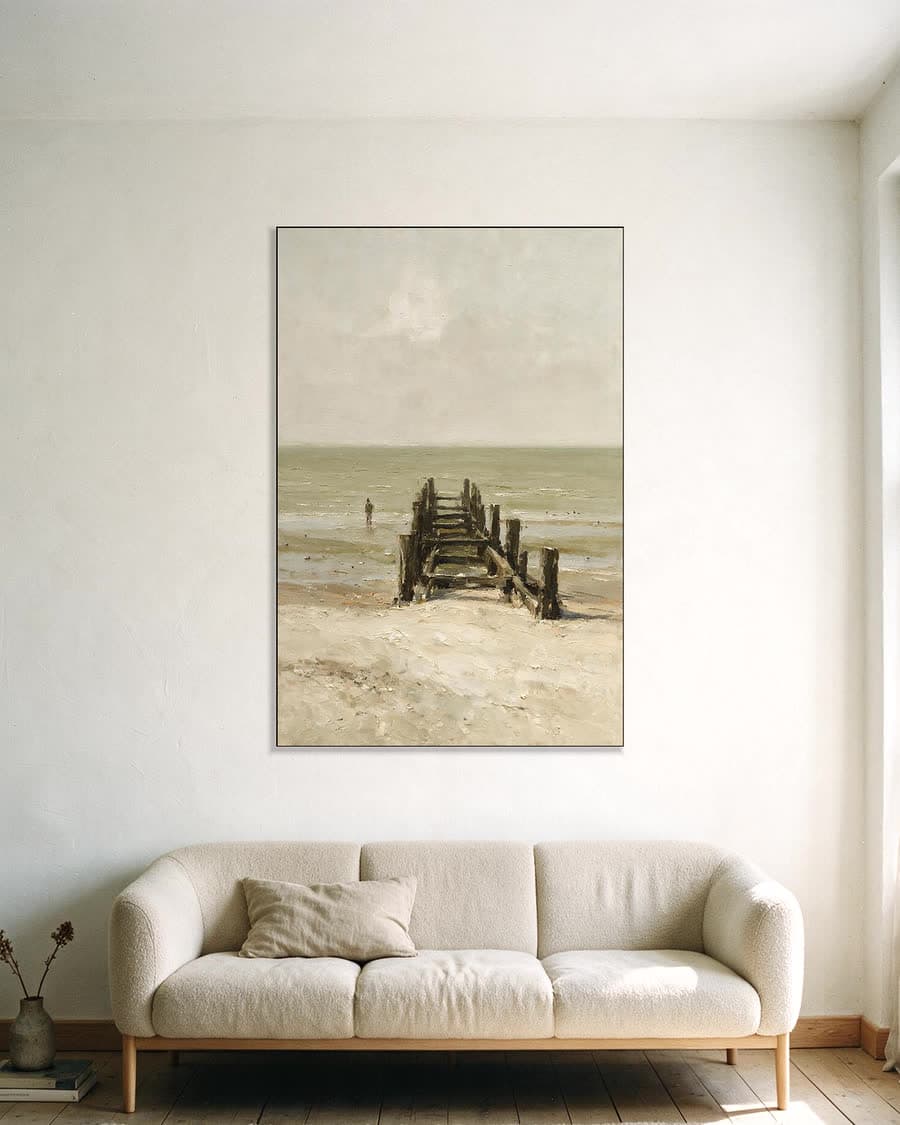 Pier in de mist in een aluminium frame aan dezelfde muur