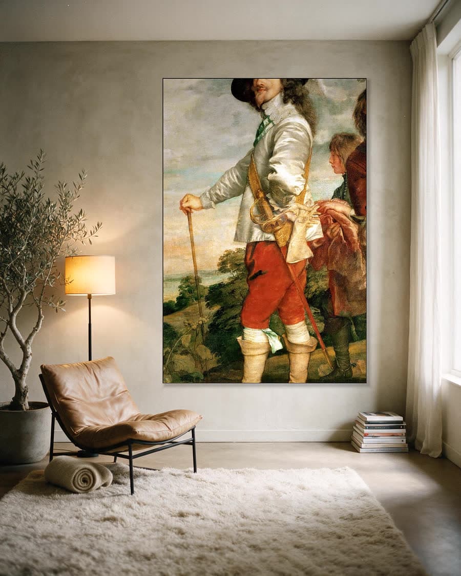 Karel I op jacht in een aluminium frame aan dezelfde muur