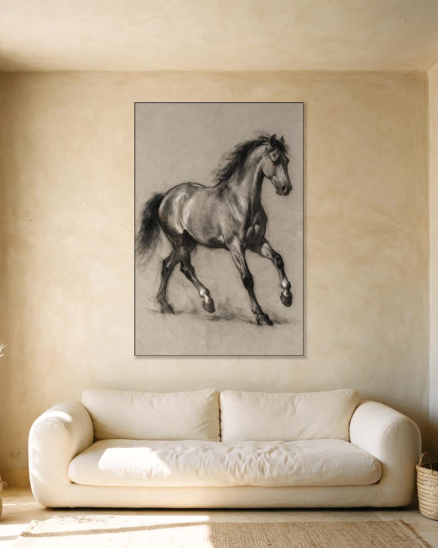 Paard in beweging in een aluminium frame aan dezelfde muur