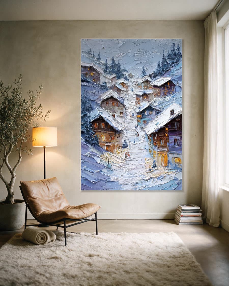 Bergdorp bij avond in een aluminium frame aan dezelfde muur