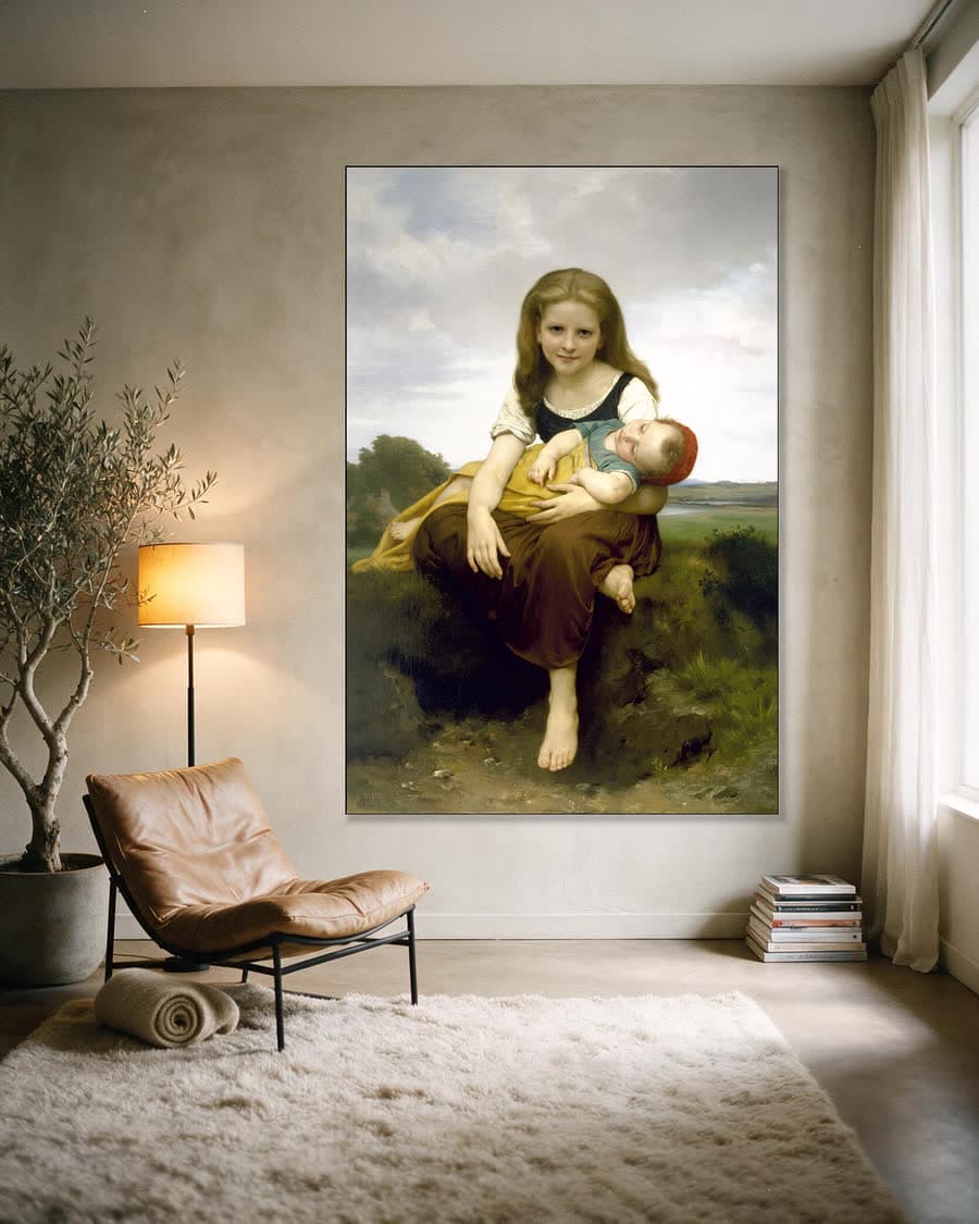 De oudste zus in een aluminium frame aan dezelfde muur