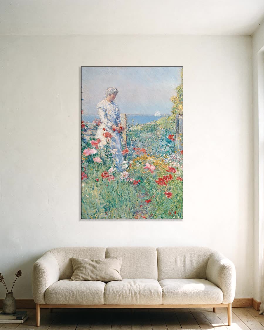 Celia Thaxter in haar tuin in een aluminium frame aan dezelfde muur