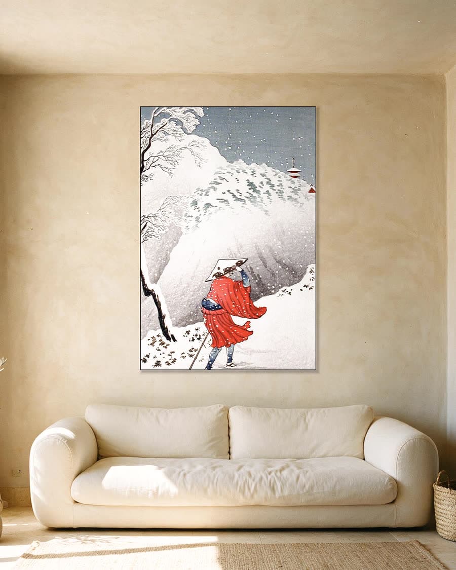 Sneeuwavond op een bergpad in een aluminium frame aan dezelfde muur