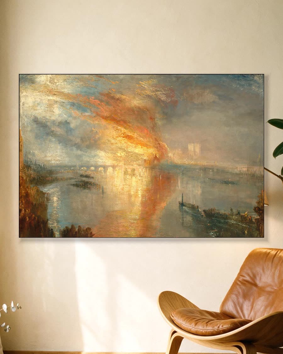 De brand van het parlement in een aluminium frame aan dezelfde muur