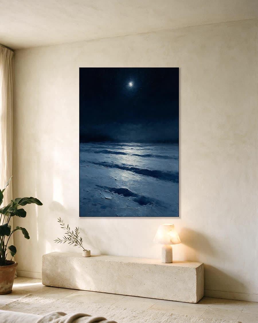 Sneeuwveld bij maanlicht in een aluminium frame aan dezelfde muur