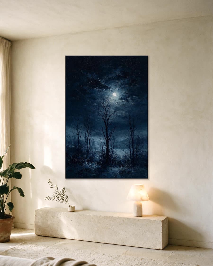 Bomen tegen de nachtlucht in een aluminium frame aan dezelfde muur