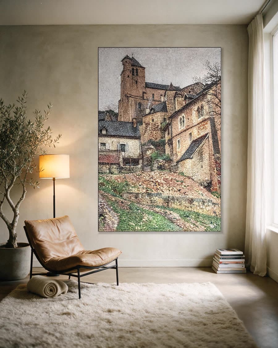 Dorp op de heuvel in een aluminium frame aan dezelfde muur