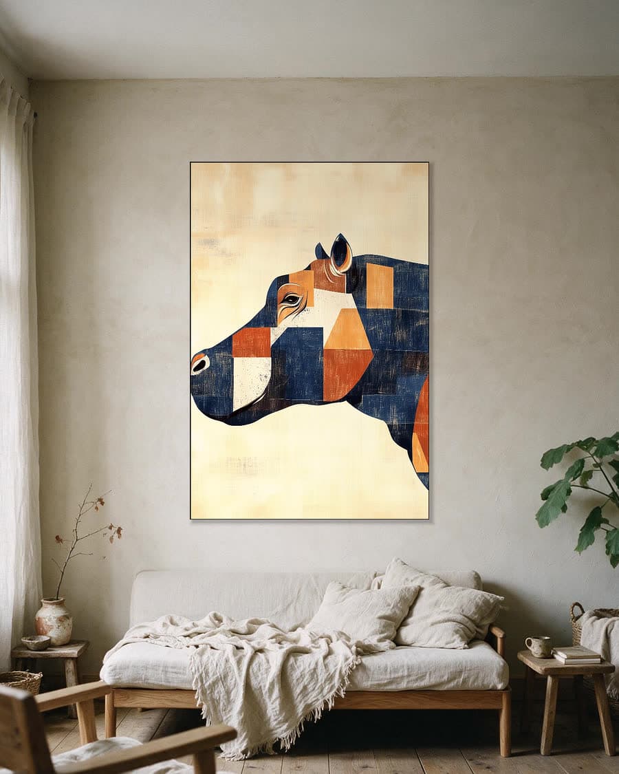Buffel in vlakken in een aluminium frame aan dezelfde muur