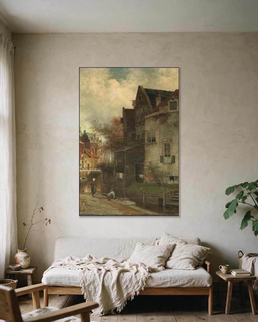 Stadsgezicht in een aluminium frame aan dezelfde muur