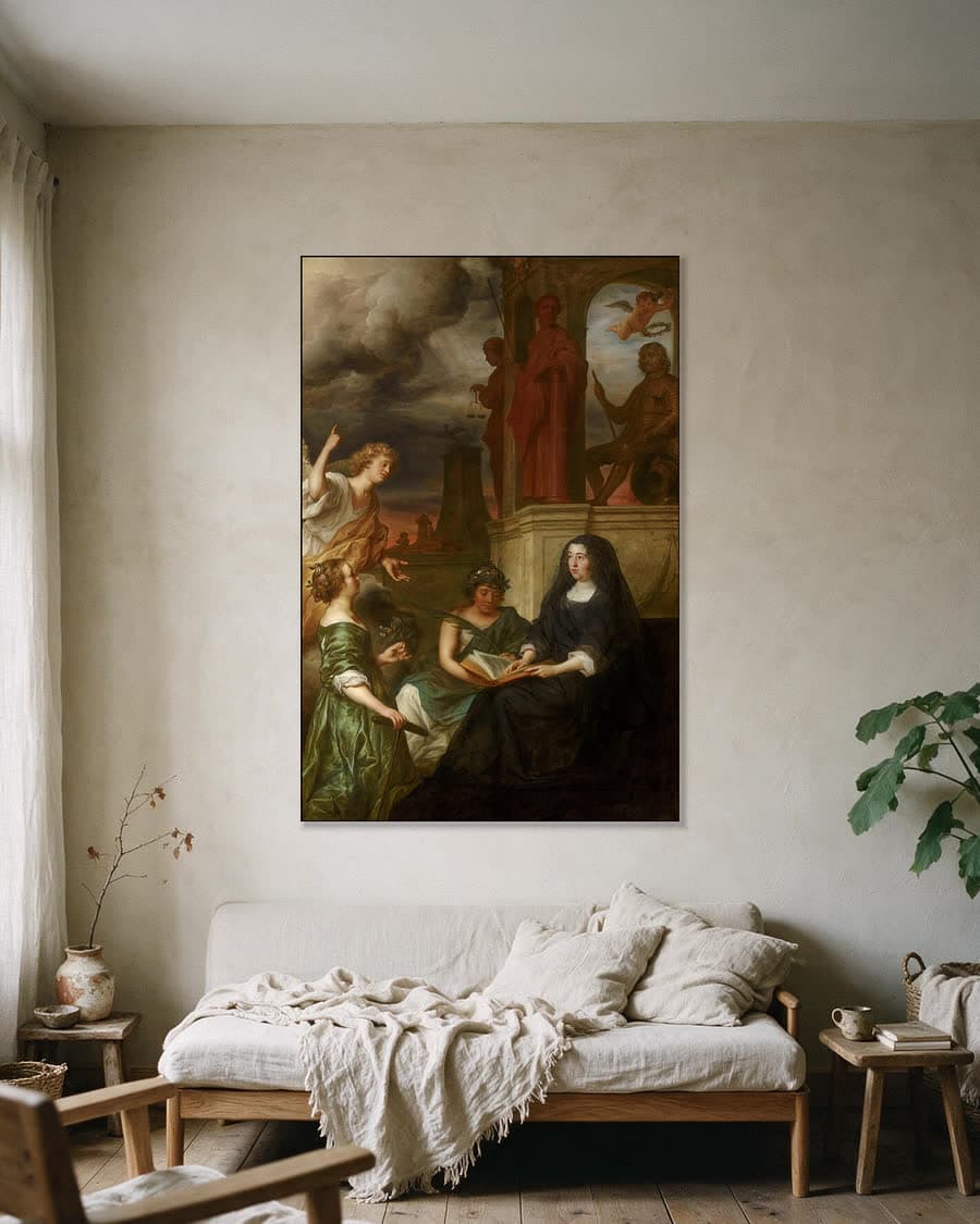 Allegorie op de nagedachtenis van stadhouder Frederik Hendrik, met portret van Amalia van Solms in een aluminium frame aan dezelfde muur