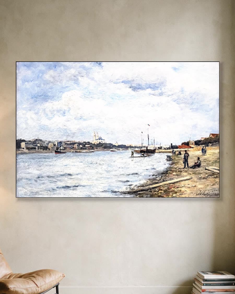 Stadsgezicht aan de rivier in een aluminium frame aan dezelfde muur