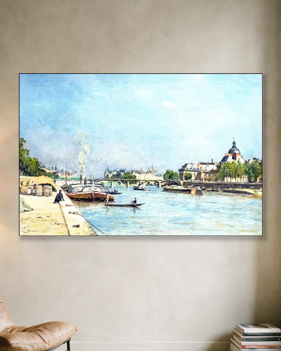 Stadsgezicht aan de Seine in een aluminium frame aan dezelfde muur