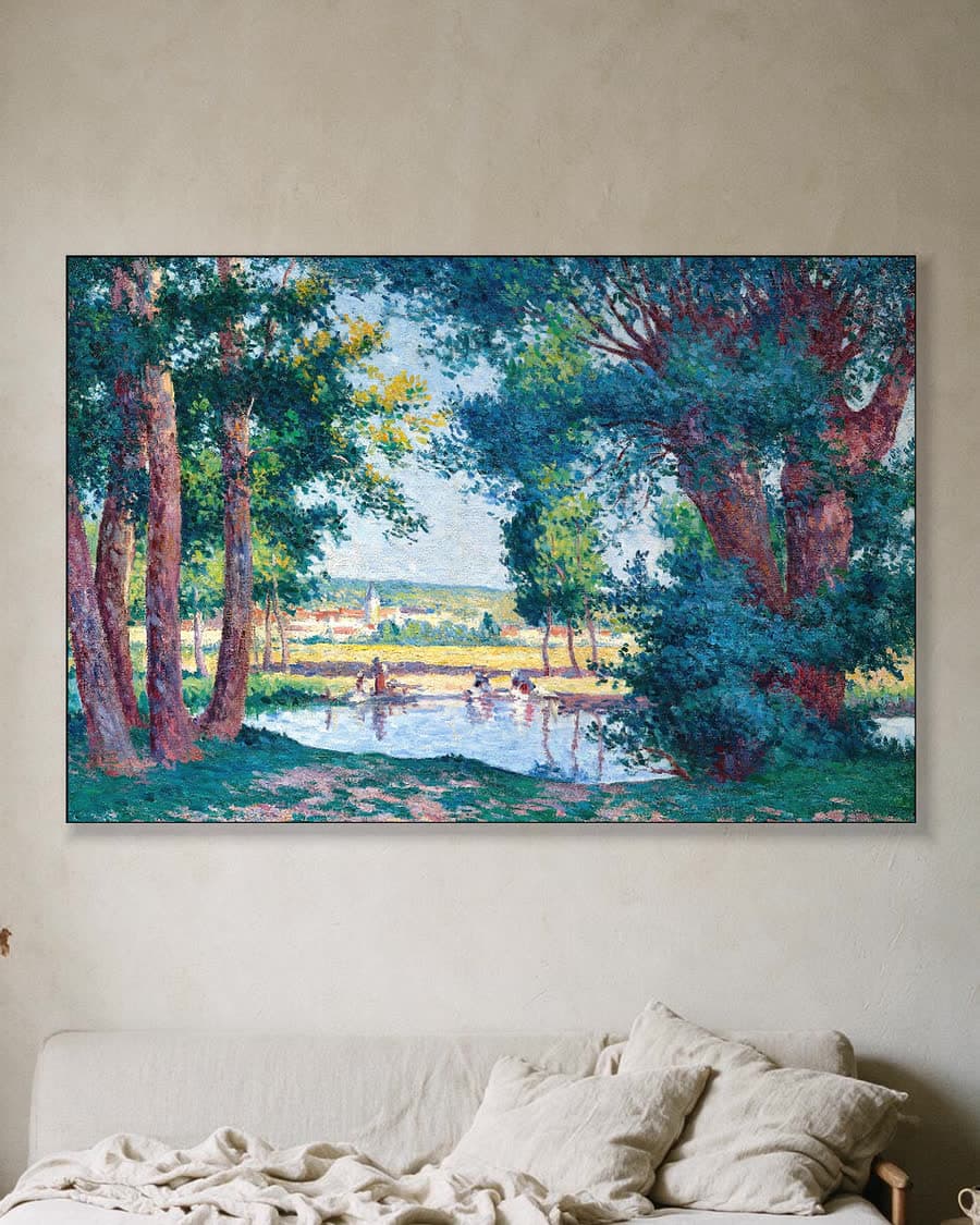 Wassende vrouwen aan de rivier in een aluminium frame aan dezelfde muur