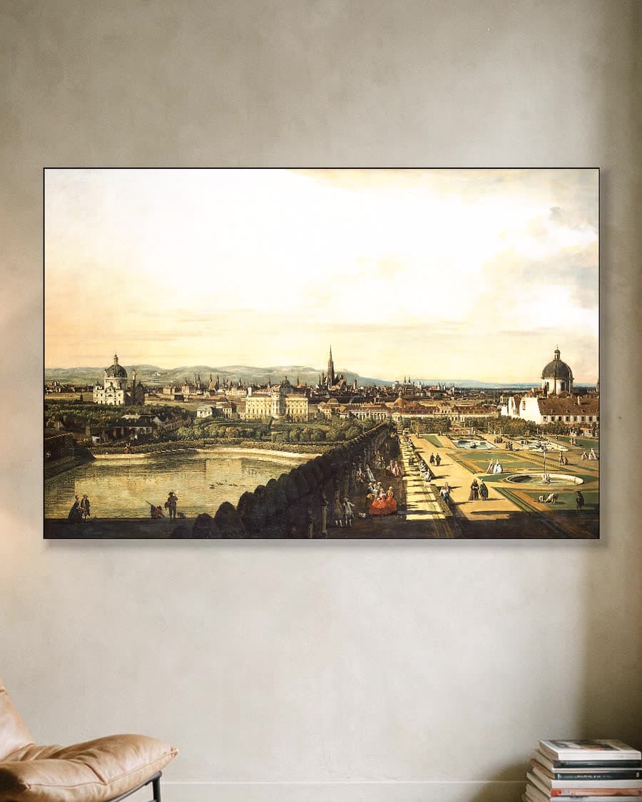 Panoramisch stadsgezicht met paleistuin in een aluminium frame aan dezelfde muur