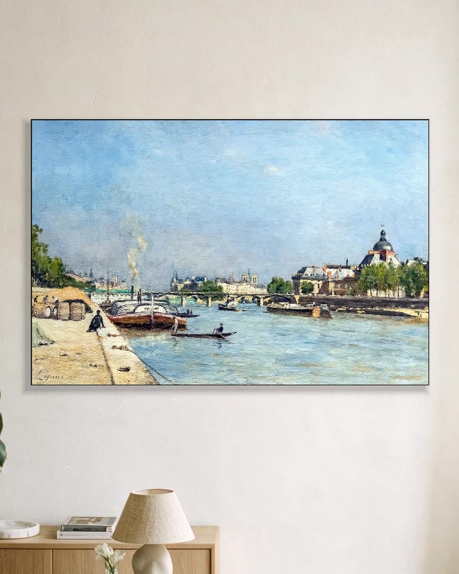 Stadsgezicht aan de Seine in een aluminium frame aan dezelfde muur