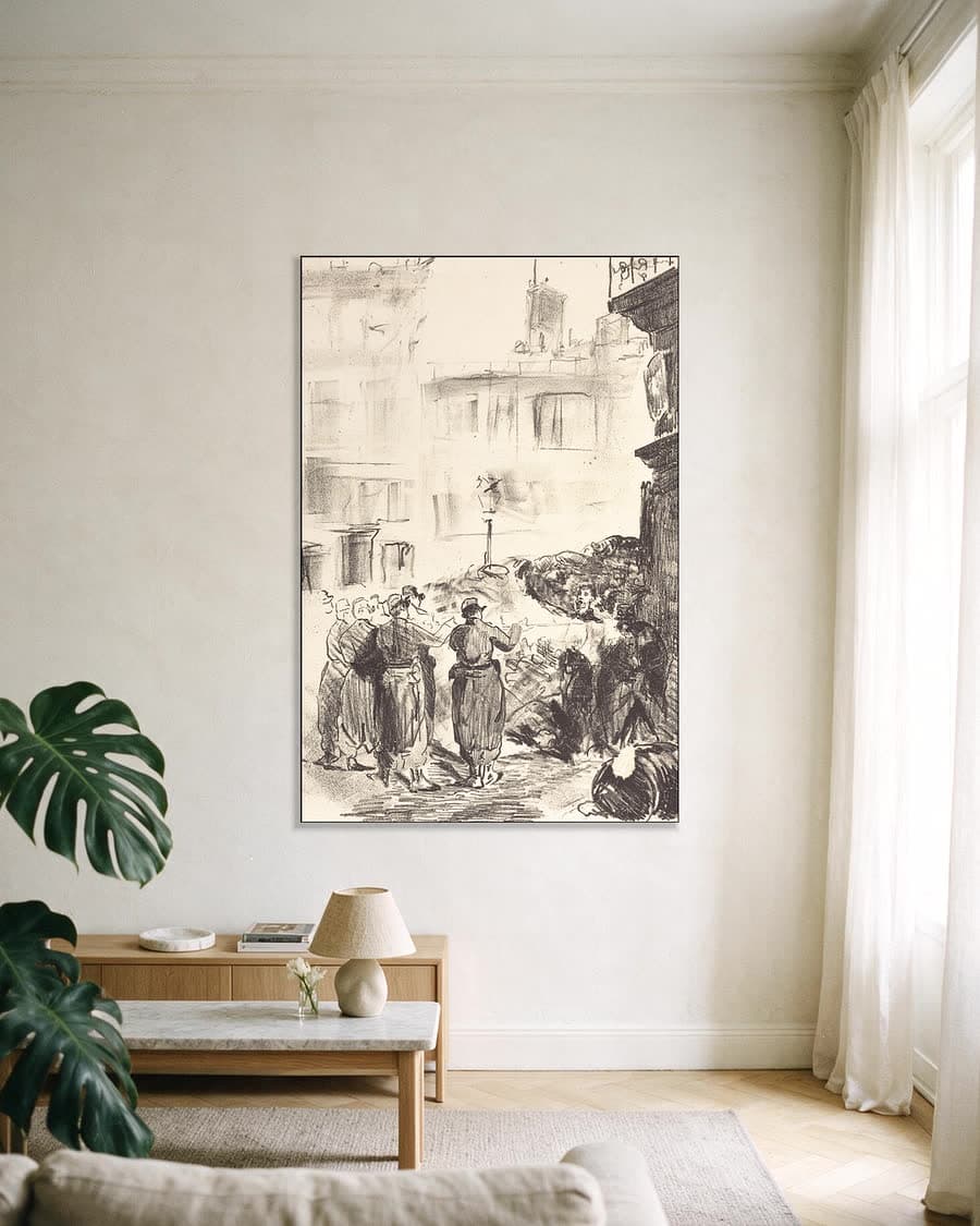 De barricade (La barricade) in een aluminium frame aan dezelfde muur