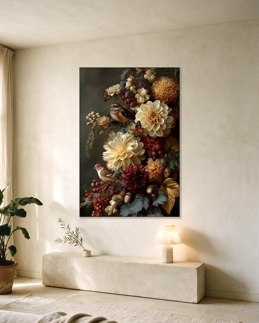 Herfstboeket met mussen in een aluminium frame aan dezelfde muur