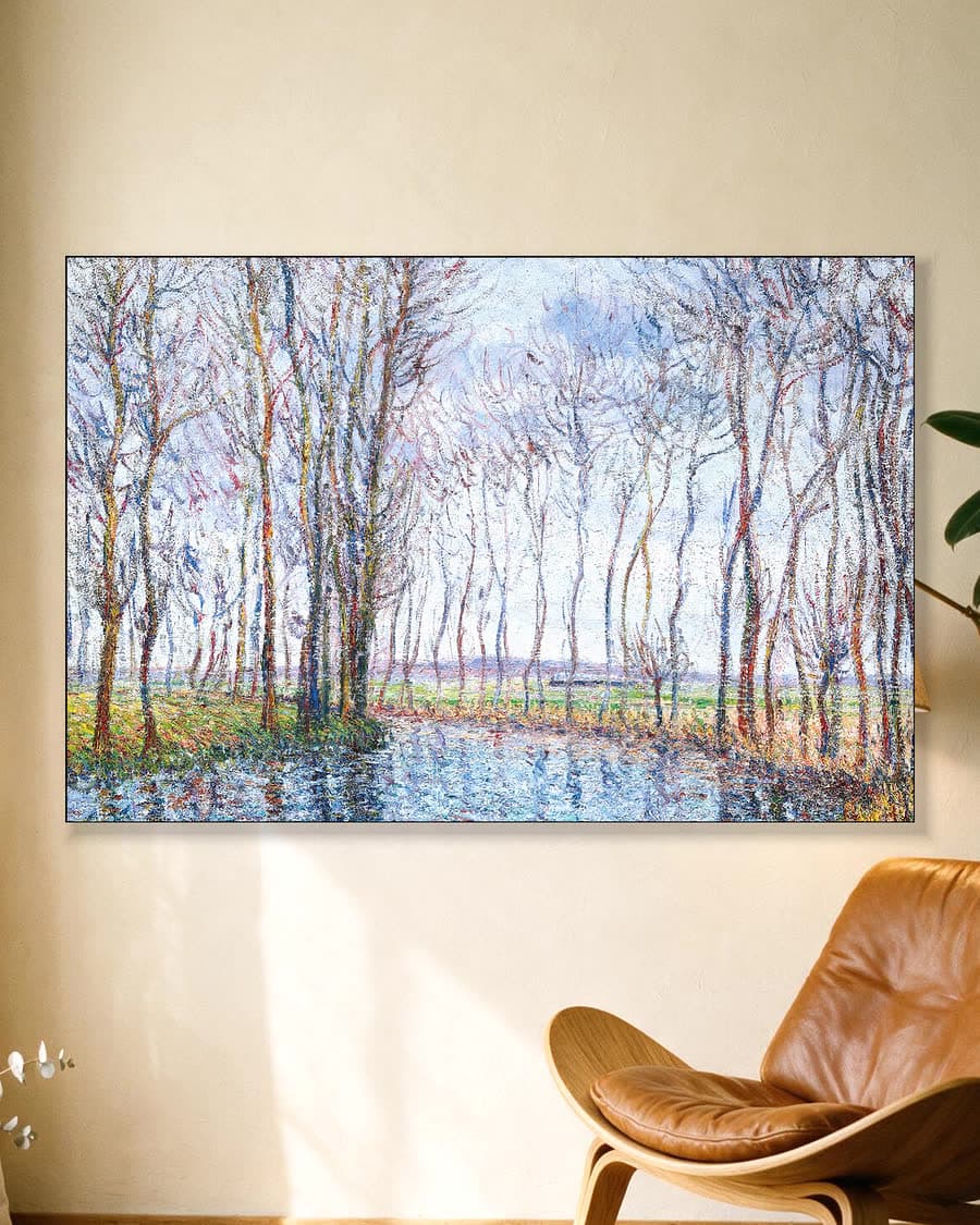 Bomen langs het water in een aluminium frame aan dezelfde muur