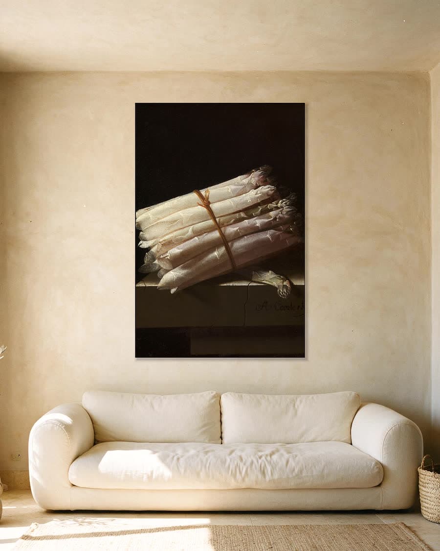 Stilleven met asperges in een aluminium frame aan dezelfde muur