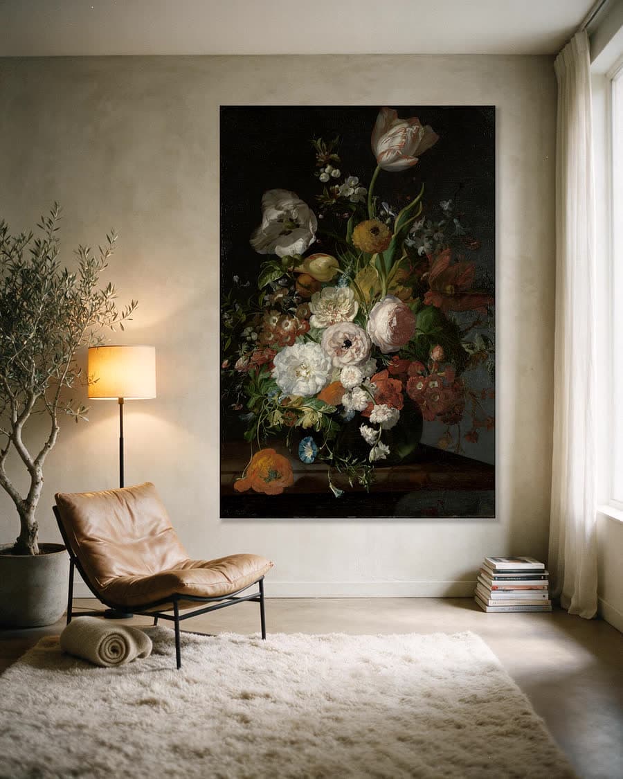 Stilleven met bloemen op een marmeren tafelblad in een aluminium frame aan dezelfde muur
