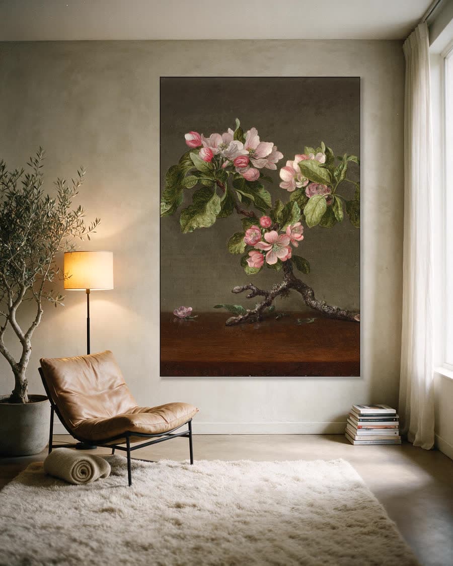Appelbloesem in een aluminium frame aan dezelfde muur